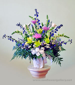 Blue Sympathy Standing Spray by Chicago Funeral Florist in Chicago and suburbs